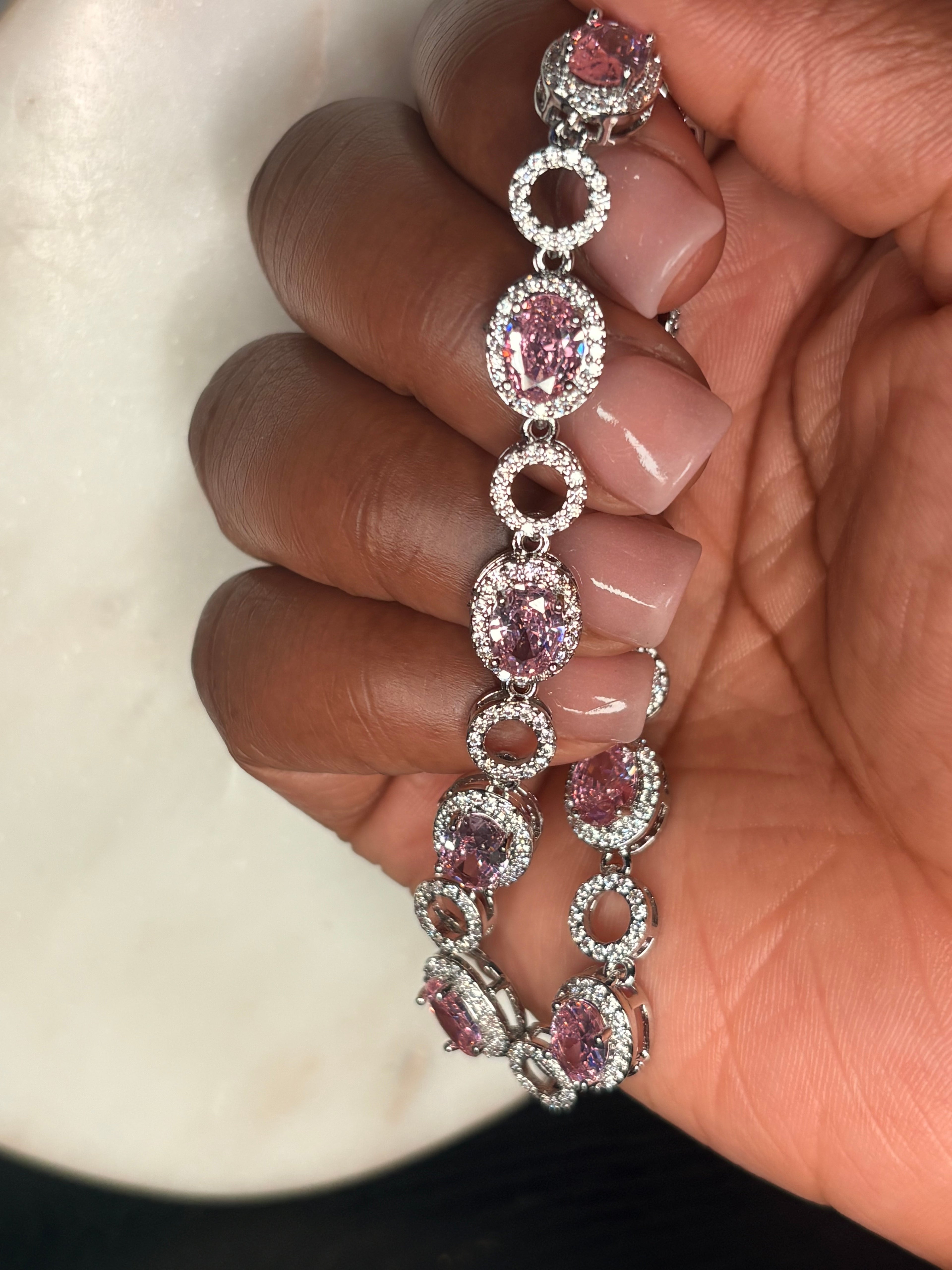 Pink oval rhinestone tennis-style bracelet