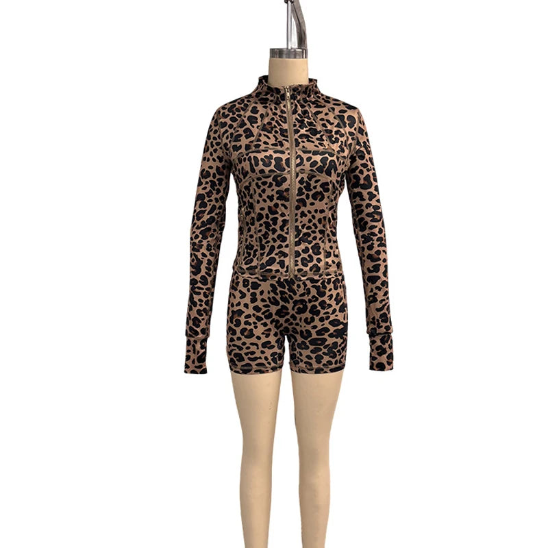 Leopard Print 2 Pieces Set  Gym Tracksuit
