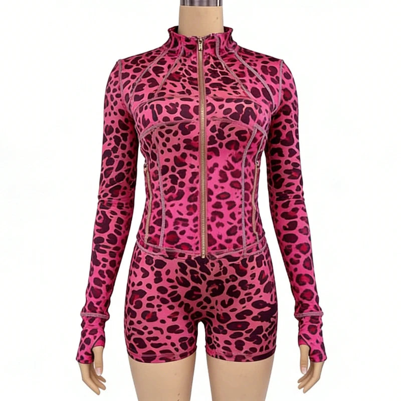 Leopard Print 2 Pieces Set  Gym Tracksuit