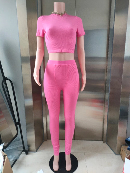 2pc Two Piece Sets Solid Color Cotton Ribbed  Legging Set Outfits